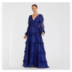 New Mac Duggal Blue Cascade Ruffle Puff Sleeve A Line Gown Size 12 Style #A68223
